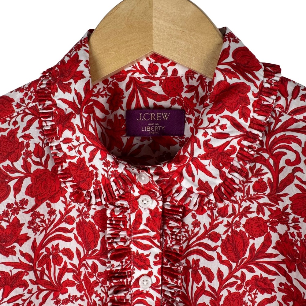 J.Crew Liberty Sambourne Fabric Floral Ruffle Collar Blouse Women S Cropped Red - Picture 3 of 10